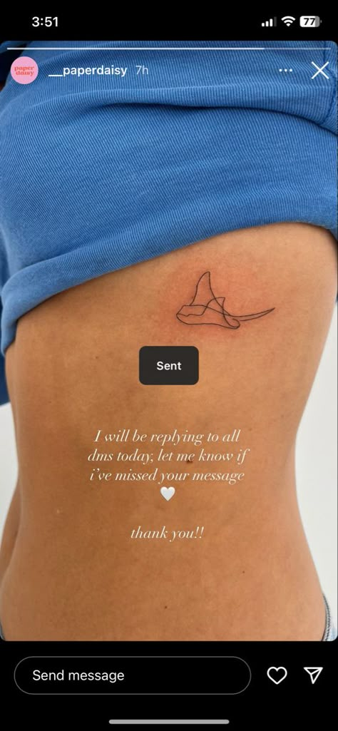 Dainty Stingray Tattoo, Small Ocean Tattoo Ideas Sea, Mini Stingray Tattoo, Stingray Tattoos For Women, Stingray Rib Tattoo, Spotted Stingray Tattoo, Fine Line Sting Ray Tattoo, Small Sea Life Tattoos, Fine Line Ocean Tattoo Ideas