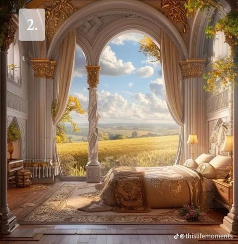 Nature Bedroom Ideas, Greek Bedroom, Medieval Bedroom, Fantasy Interior, Fae Realm, Storytime Themes, Fantasy Room, Concept Furniture, Bedroom With Balcony