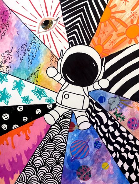 How To Make a Trippy Astronaut - the cozy art teacher blog Space Art Craft, Space Art Elementary, Astronaut Art Project, Simple Elementary Art Projects, Space Themed Art Projects, Sel Art Projects For Elementary, Art Folder Ideas, Astronaut Art For Kids, Art To Remember Projects