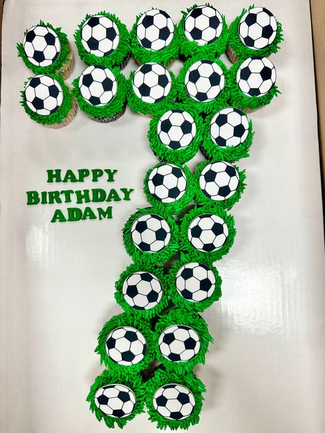 Soccer Party Cupcakes, Soccer Theme Cupcakes Birthday, Soccer Ball Cupcake Cake, Soccer Birthday Cupcakes, Soccer Cupcakes For Boys, Football Cupcakes Soccer, Number 7 Cupcakes, Soccer Ball Cupcakes, 7 Cupcake Cake