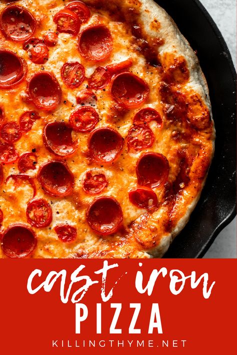 This incredible cast iron pizza yields a golden crisp on the crust with an awesome rustic vibe and amazing flavors. Not to mention, it's incredibly easy! #pizzarecipe #pizza #pizzanight #castiron Easy Cast Iron Pizza, Cast Iron Pizza Recipe, Homemade Pizza Night, Cast Iron Skillet Pizza, Protein Pizza, Cast Iron Pizza, Skillet Pizza, Thyme Recipes, Drink Inspiration