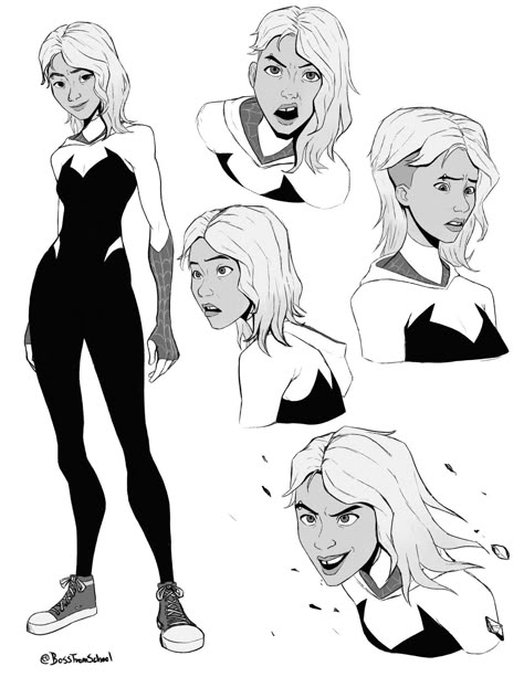 Spider Gwen Expressions, Gwen Stacy Reference Sheet, Gwen Stacy Concept Art, Gwen Stacy Reference, Spiderverse Reference, Spider Verse Gwen, Gwen Fanart, Tim Burton Drawings, Spiderman Suits