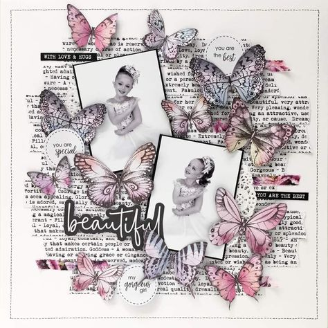 Butterfly Scrapbook Layouts, Butterflies Black And White, Family Scrapbook Layouts, Scrapbook Planning, Scrapbook Gallery, White Scrapbook, Unique Scrapbooks, Uniquely Creative, Scrapbook Design Layout