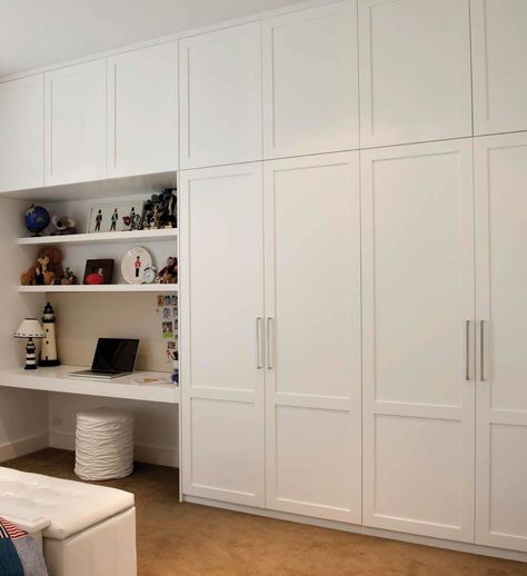 In Built Desk In Bedroom, Built In Closet Wall With Desk, Desks In Cupboards, Build In Storage Wall, Closet And Desk Built Ins, Built In Cupboards With Desk, Diy Storage Wall Built Ins, Bedroom Wall Built In Storage, Wardrobe Wall With Desk