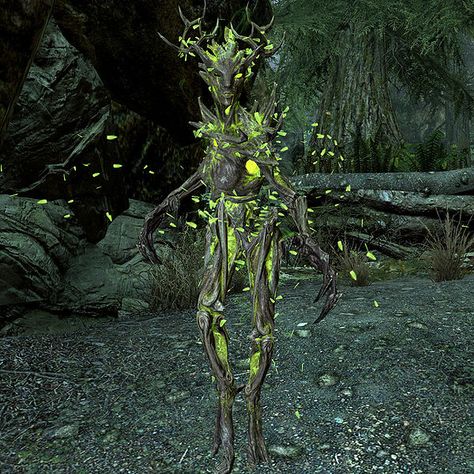 SPRIGGAN     Spriggans are beings which are made entirely of wood and magical energy; the source of which is their taproot. Spriggans are attracted to taproot, and Hagravens manipulate this weakness by hanging taproots from trees to attract spriggans. Hagravens then sacrifice them for their magical characteristics, and because of their hatred of nature. Some spriggans may be encountered hiding in trees, and step from them when the Dragonborn comes too close. Despite this, all spriggans may be fo Skyrim Spriggan, Elder Scrolls Art, Ceramic Mask, Elder Scrolls Skyrim, New Media Art, Monster Dolls, Scary Art, Dope Art, Elder Scrolls