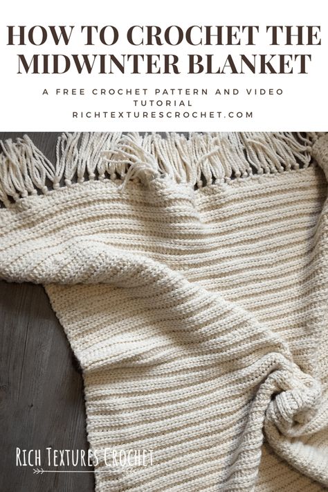 Midwinter Blanket - Free Crochet Pattern | Rich Textures Crochet Free Crochet Patterns For Blankets Easy, Easy Single Crochet Blanket, Easy Crochet Cable Blanket, Classy Crochet Blanket, Free Crochet Throw Patterns Easy Crochet, Size 4 Yarn Crochet Pattern Blanket, Crochet With Wool Yarn, Modern Crochet Decor, Quick Crochet Afghan Patterns Free