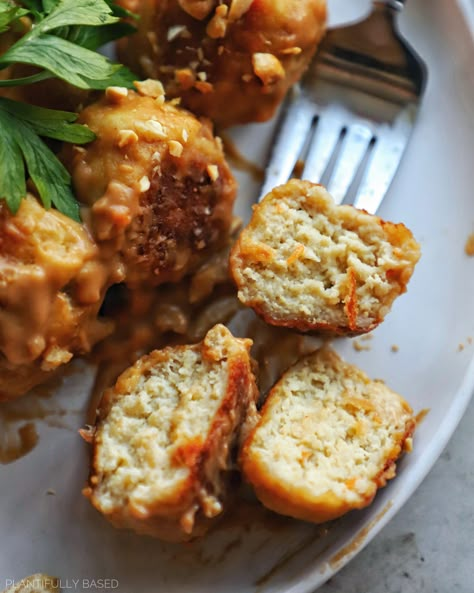 Peanut & Ginger Vegan Meatballs - Plantifully Based Vegan Meatballs, Plant Based Whole Foods, Whole Food Diet, Healthy Food Motivation, Vegan Appetizers, Plant Based Eating, Peanut Sauce, Tofu Recipes, Vegan Cooking