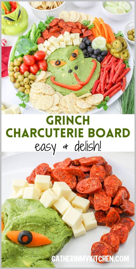 This Grinch Charcuterie Board is not only fun but also delicious, ideal for serving at your Christmas party. Assemble the Grinch's face using creamy guacamole, detailed with vegetables for his eyes and smile. Stack cheese and chorizo to mimic his hat, and dot the board with festive snacks like green and black olives and pickled jalapeños. This creative presentation will surely be the hit of your holiday feast. Guacamole Charcuterie Board, Grinch Movie Night Ideas, Grinch Guacamole, Grinch Appetizers, Grinch Charcuterie Board, Grinch Charcuterie, Festive Snacks, Creamy Guacamole, The Grinch Movie