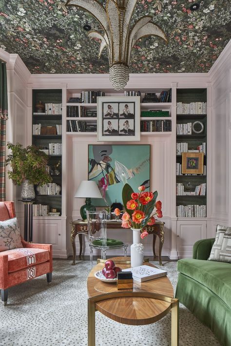 Corey Damen Jenkins, Ceiling Covering, Perfect Paint Color, Chic Spaces, Bookcase Shelves, Interior Design Firms, Pattern Mixing, Elle Decor, Design Firms