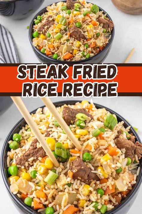 20-minute delicious Steak Fried Rice Recipe - Restaurant-quality take-out at home! This easy-to-make meal will be a favorite in your home! Steak Fried Rice Recipe, Steak Recipes Skillet, Steak Fried Rice, Minute Steak, Steak Stirfry Recipes, Steak Rice, Beef Fried Rice, Steak And Rice, Fried Rice Recipe Easy