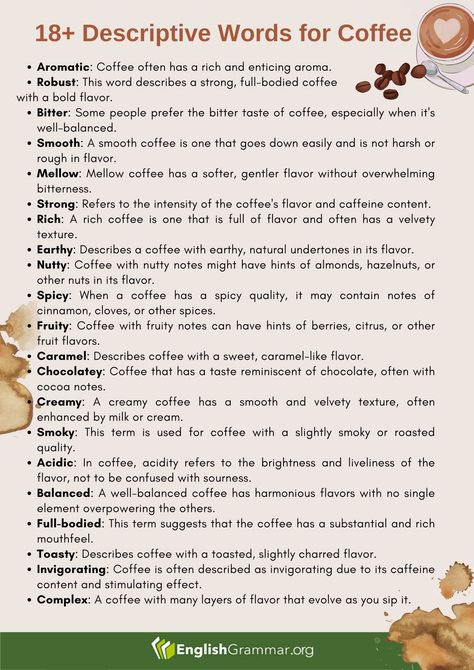 Coffee Vocabulary, Study English Language, English Lesson Plans, Academic Essay Writing, English Teaching Resources, Food Captions, Idioms And Phrases, Advanced English, Descriptive Words