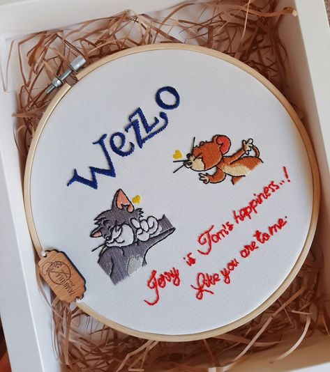 Embroidery,, tom and jerry,, animation,, handmade,, Tom And Jerry Animation, Tom And Jerry Embroidery, Diy Embroidery Patterns, Hand Embroidery Projects, Explosion Box, Boyfriend Birthday, Tom And Jerry, Embroidery Ideas, Hand Embroidery Designs