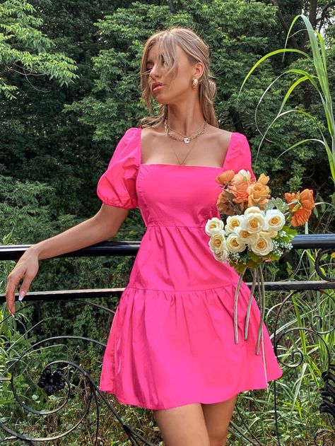 Casual Green Dresses, Hot Pink Dress Casual, Pink Dress Outfit Casual, Boho Dress Outfit, Pink Dress Outfits, White Dress Outfit, Pink Dress Short, Hot Pink Dress, Pink Summer Dress