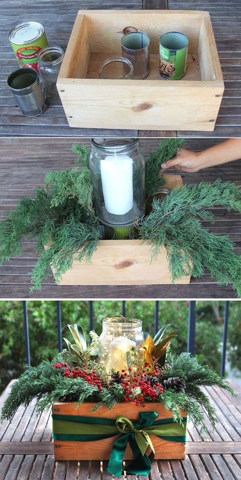 Beautiful & Free 10-Minute DIY Christmas Centerpiece - A Piece Of Rainbow Diy Christmas Centerpiece, Jul Diy, Diy Christmas Table, Christmas Centerpieces Diy, Farmhouse Vintage, Mason Jar Crafts Diy, Christmas Centerpiece, Navidad Diy, Diy Centerpieces