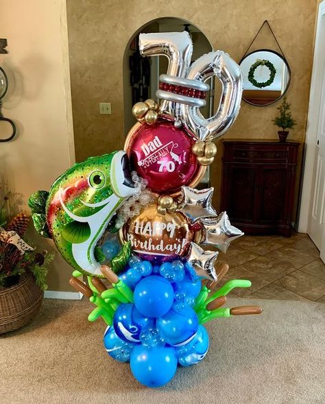 SAS Designs on Instagram: "Mike is O-🐟-Ally 70! I hope you have a REELY great day! 🎣 #70yearsyoung #idratherbefishing #birthdayballoons #fishingballoons #balloonbouquet #balloonbouquets #balloondecor" Fish Balloon Bouquet, Fishing Balloon Bouquet, 21st Birthday Balloons, Balloon Fish, Birthday Balloon Bouquet, First Birthday Balloons, Fishing Birthday Party, O Fish Ally, Grandpa Birthday