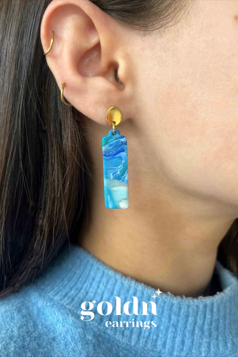 side profile wearing a blue drop down earring Plastic Bottle Tops, Blue And Gold Earrings, Blue Green Gold, Plastic Earrings, Rectangle Earrings, Bottle Top, Recycled Jewelry, Plastic Jewelry, Stylish Earring