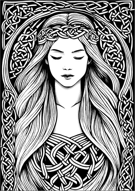 Coloring page of a sleeping young woman, inspired by Celtic art - JustColor.net : Free adult printable coloring pages Art Coloring Pages For Adults, Celtic Drawings, Celtic Coloring, Art Coloring Pages, Celtic Gods, Adult Colouring Printables, Coloring Page For Adults, Adults Coloring, Pagan Art