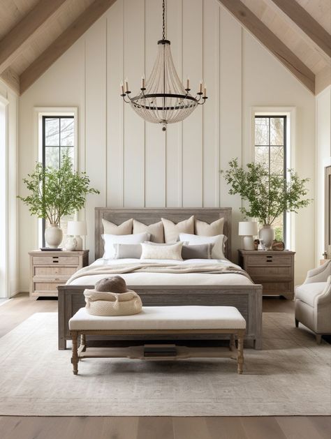 Primary Bedroom Ideas Vaulted Ceiling, Ranch Style Master Bed, Stunning Bedrooms Master Suite, Pitched Ceiling Bedroom Master Suite, Modern Bedroom Design Master High Ceilings, Modern Farmhouse Interior Bedroom, Bedroom With Windows On Each Side Of Bed, Masterbedroom Neutral Luxury, Farmhouse Modern Bedroom