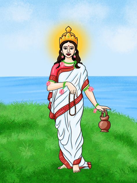 Digital illustration of Mata Brahmacharini who is worshipped on the second day of Navaratri. Brahmacharini means a female who pursues sacred religious knowledge. She symbolises spirituality, knowledge, meditation and one can attain peace and prosperity. Maa Brahmacharini Painting, Brahamcharni Mata, Mata Brahmacharini, Brahmacharini Mata, Maa Image, Kali Hindu, Story Pictures, Alpona Design, Peace And Prosperity