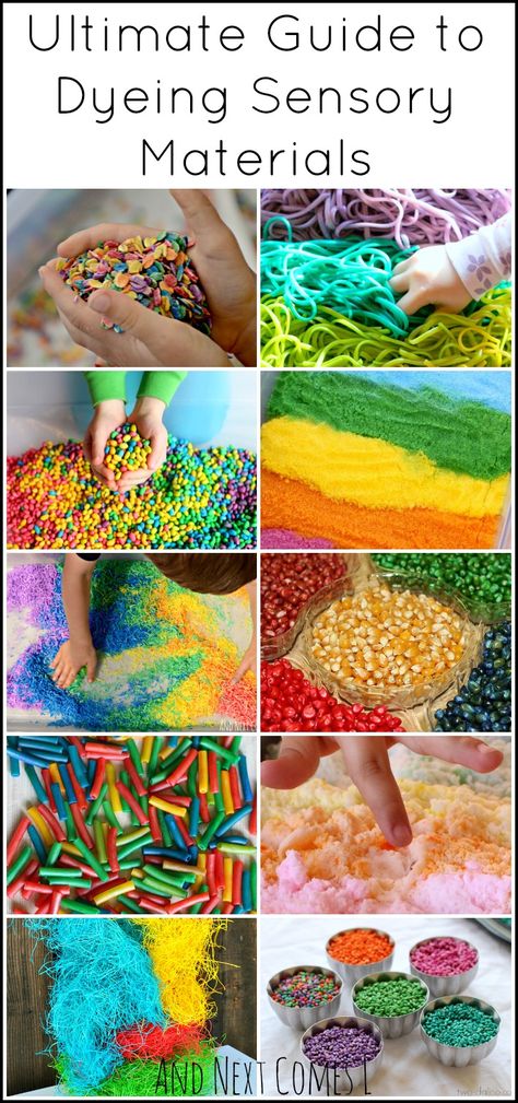 How to colour all sorts of sensory bin items including Epsom salt, hay, barley and others. Sensory Bin Fillers, Baby Zintuiglijk, Sensory Materials, Rainbow Sensory, Sensory Boxes, Sensory Bottles, Sensory Table, Kids Sensory, Sensory Bin