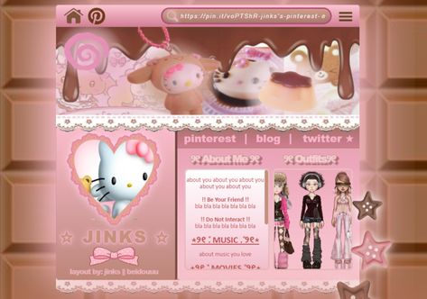 everskies profile layout carrd inspo outfits sanrio kawaii cute core pink brown cinnamoroll hello kitty my melody pudding bow coquette