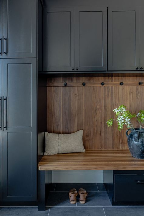 Wood Mudroom Bench, Mudroom Builtins With Doors, Charcoal Mudroom Cabinets, Mudroom With Black Tile Floor, Oak Mudroom Cabinets, Tongue And Groove Mudroom, Mudroom Locker Colors, Mudroom Upper Cabinets, Black Lockers Mudroom