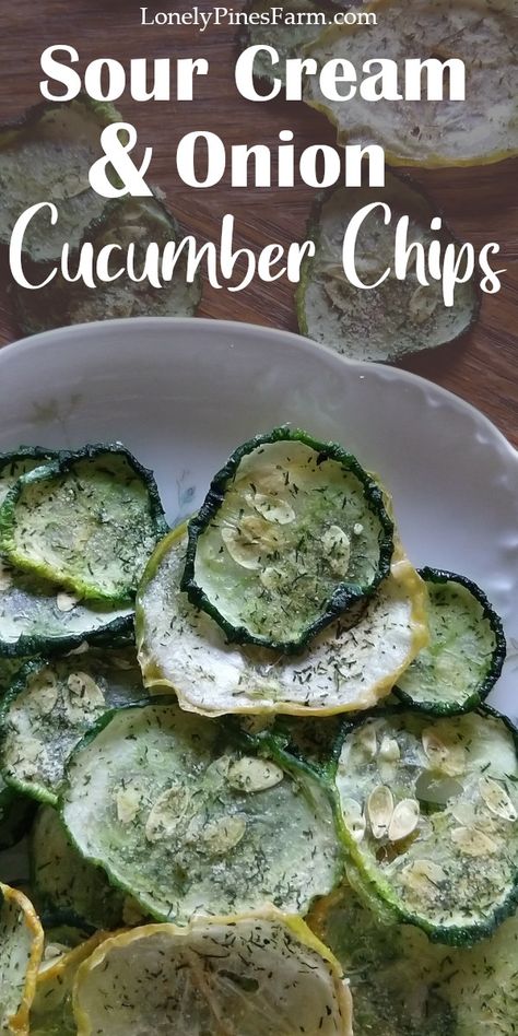 Overrun with cucumbers? Looking for a new side dish? Today I'll teach you how to make sour cream & onion cucumber chips! They're a delicious, low-calorie, low-carb snack - that can easily be made keto or paleo. These cucumber chips will be a big hit at your next BBQ! Pairs perfectly with hot dogs & hamburgers. So crunchy & flavorful - the kids won't even complain that they're cucumbers! Don't forget these chips for the perfect, guilt-free snack. We love them on movie night! Low Calorie Chip Alternative, Garden Preservation, Cucumber Chips, Homestead Cooking, Root Cellars, Make Sour Cream, Homestead Recipes, Healthy Summer Snacks, Freeze Dryer