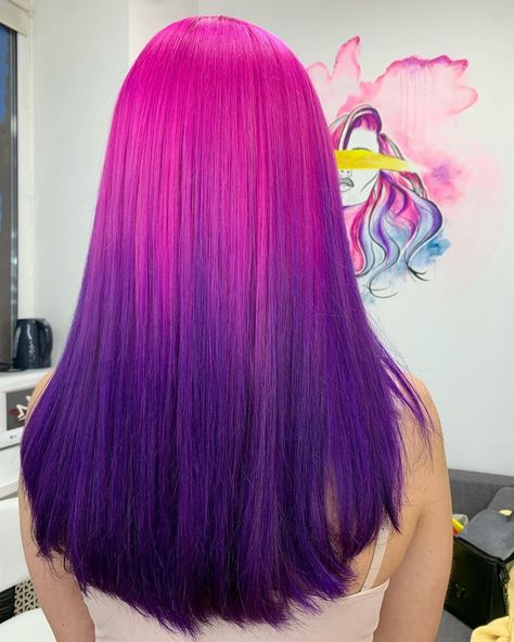 Pink N Purple Hair, Pink And Purple Ombré Hair, Ombre Vivid Hair Color, Hot Pink Purple Hair, Pink Hair With Purple Tips, Pink Roots Purple Hair, Pink To Purple Ombre Hair, Pink To Purple Hair, Purple To Pink Ombre Hair