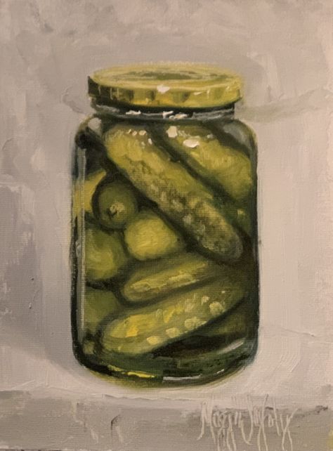 A modern still life in oil captures a really mundane item from my pantry . Oil Still Life Modern Painting, Pickles Painting, Pickle Painting, Modern Still Life Painting, Modern Still Life, Lyric Book, Ap Drawing, Ceramic Decoration, Dill Pickles