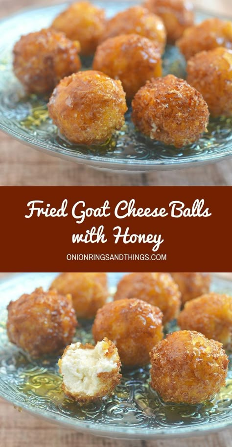 Fried goat cheese balls with honey are this season's appetizer of choice. A delightful combination of sweet, creamy and crunchy, they're sure to be a party favorite! #ad #PostfortheHolidays Fried Goat Cheese Balls, Honey Onion, Onion Honey, Honey Balls, Goat Cheese Balls, Fried Goat Cheese, Cheese Balls, Snacks Für Party, Party Food Appetizers