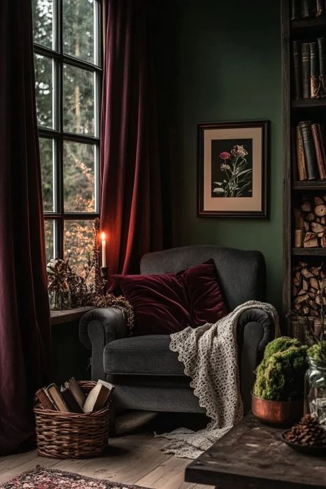 How To Achieve The Dark Cottagecore House Aesthetic - The Complete Guide Moody White Bedroom, Dark Cottage Core Living Room, Cozy Reading Nook Aesthetic, Moody Reading Nook, Moody Home Library, Dark Cottagecore Living Room, Cottagecore House Aesthetic, Moody Home Aesthetic, Dark Cozy Living Room