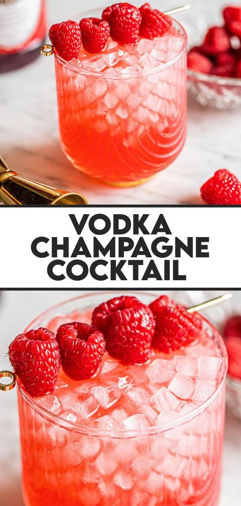 Vodka Champagne Cocktail, Raspberry Vodka Drinks, Valentines Drinks Alcoholic, Galentines Cocktails, Easy Holiday Drinks, Recipes With Fruit Cocktail, Valentine Drinks, Valentine Cocktails, Raspberry Cocktail