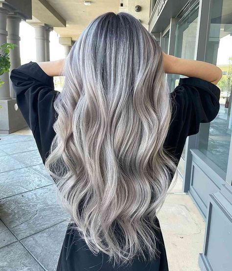 15 Balayage on Black Hair Ideas Trending in 2022 Good Hair Colors For Blondes, Gray Blonde Hair Balayage, Ash Blonde Balayage On Black Hair, Ash Silver Balayage, Girly Maintenance, Ashy Blonde Hair Balayage, Black Silver Hair, Blonde Balayage On Black Hair, Balayage Silver