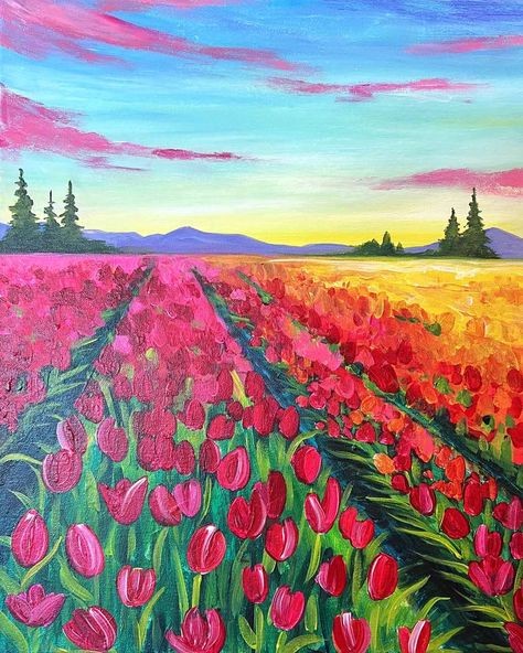 Simple Flower Field Painting, Field Of Tulips Painting, Tulip Garden Painting, Tulip Field Drawing, Field Sunset Painting, Tulips Painting Acrylic, Tulip Field Painting, Sunflower Sunrise, Tulips Field