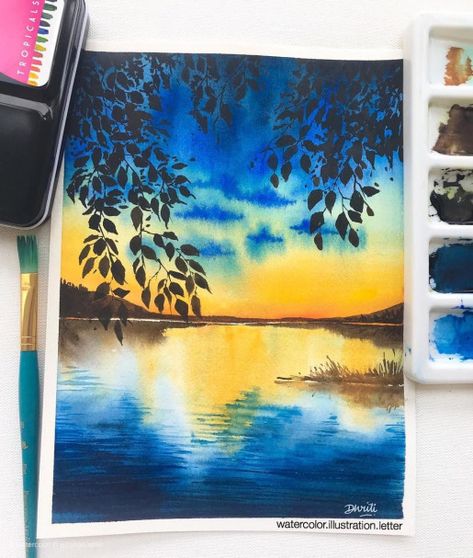 Dhriti on Instagram: Watercolor painting 94/100 - I am having a different level of love for still waters now it seems like after sunsets... . . Inspiration #gouachepainting #gouache #painting #landscapes Watercolor Paintings Of Nature, Watercolor Paintings Landscape, Poster Colour Painting, Philosophy Art, Poster Color Painting, Art Philosophy, Watercolor Art Landscape, Canvas For Beginners, Marjolein Bastin