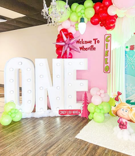 Grinch Birthday Party Ideas | Photo 2 of 9 | Catch My Party She’s A Sweet One Grinch Birthday, She’s A Mean One Birthday Party, Whoville First Birthday, Cindy Lou Birthday Party, Grinch Birthday Party Centerpieces, Pink Grinch Party, Cindy Lou Who Birthday Party, Welcome To Twoville Birthday, Grinch 1st Birthday Party Decorations