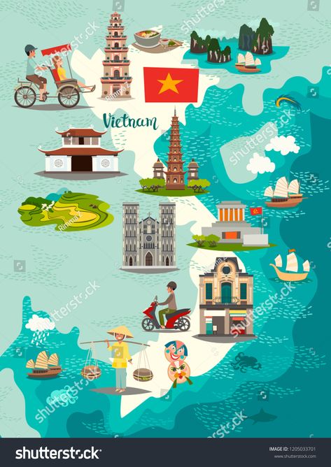 Vietnam map vector. Illustrated map of Vietnam for children\u002Fkid. Cartoon abstract atlas of Vietnam with landmark and  #Ad , #sponsored, #childrenu002Fkid#Cartoon#abstract#Illustrated Travel Cartoon, Cartoon Abstract, Vietnam Map, Singapore Map, Kid Cartoon, Vietnamese Language, Vietnam Voyage, Vietnam Art, Country Maps