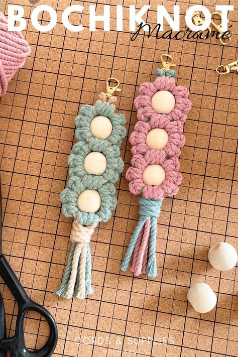 Stop settling for bland keychains! Level up your accessory game with our captivating DIY macrame keychain pattern.

Dive into the world of macrame and explore intricate knots and stunning designs to add a personal touch to your keys.

Whether you're a beginner or an expert, our step-by-step guide makes crafting effortless, ensuring you create a unique masterpiece every time.

Visit www.bochiknot.com for all your macrame cord and supplies, and start crafting your stylish keychain today! Macrame Keychain Tutorials, Macrame Keychain Pattern, Keychain Diy Easy, Diy Macrame Keychain, Diy Daisy, Macrame For Beginners, Keychain Macrame, Macrame Flower, Free Macrame Patterns