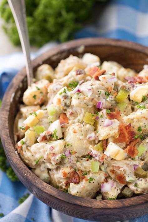 This Potato Salad is my FAVORITE summertime recipe!  Added tips on how to get the perfect potato texture, prevent a "wet" potato salad, and how to add extra zing that will make everyone want the recipe! #potatosalad #potatoes #salad #potluckrecipe #summer #salad #sidedish #picnic Deli Potato Salad Recipe, Deli Potato Salad, Best Potato Salad Recipe, Potato Salad Dressing, Potato Salad With Egg, Summertime Recipes, Potato Salad Recipe, Potluck Dishes, Cookout Food