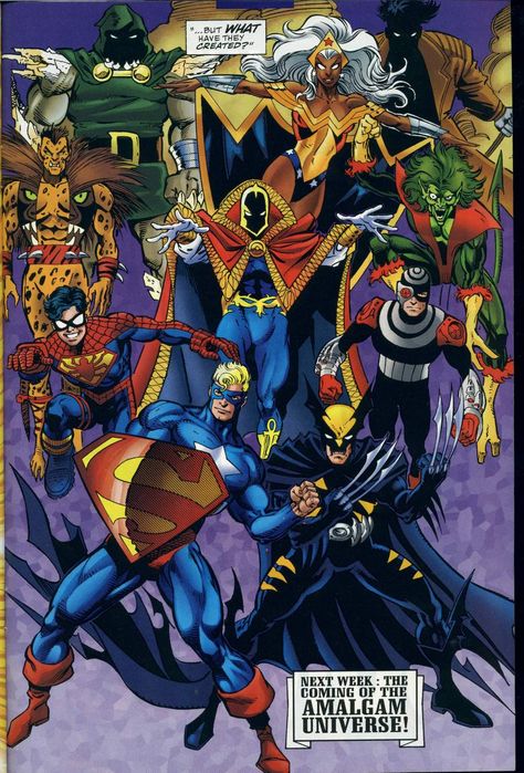 DC/Marvel Amalgamation - Super Soldier, Dark Claw, Spider Boy, Deadeye, Lethal, Doctor Strangefate, Nightcreeper, Doctor Doomsday, Amazon, and Wrath make up the Judgment League of America Amalgam Comics, Comic Pics, Dc Comics Vs Marvel, Marvel And Dc Crossover, Alternate Reality, Comics Characters, Arte Dc Comics, Marvel Vs Dc, Silver Surfer