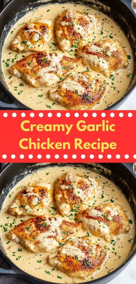 Need a quick and flavorful meal? Discover this Creamy Garlic Chicken recipe, an easy dinner idea that brings together savory garlic and creamy goodness, making it a family favorite for busy weeknight dinners. Kid Friendly Chicken Breast Recipes, Garlic Cream Chicken, Dutch Oven Chicken Breast, Easy Oven Recipes, Chicken Breast Oven Recipes, Creamy Garlic Chicken Recipes, Dutch Oven Chicken, Garlic Chicken Recipe, Dinner Recipes Healthy Family