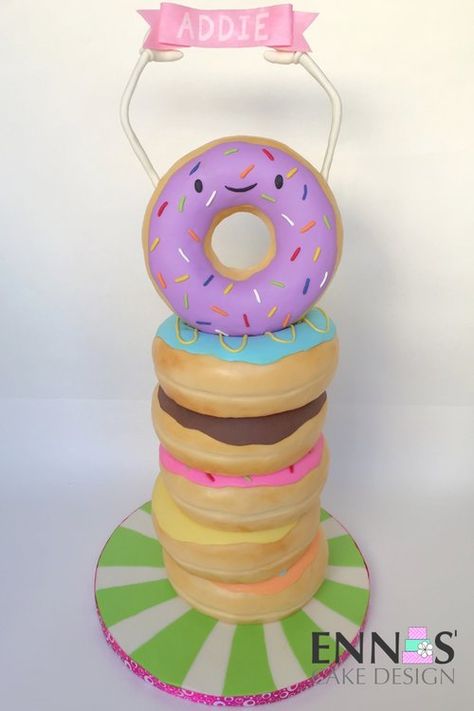 Cartoon Donut Cake, Donut Tower Cake, Cake Decorating Inspiration, Ocean Birthday Cakes, Harry Potter Trunk, Cartoon Donut, Donut Tower, Tower Cake, Cake 3d