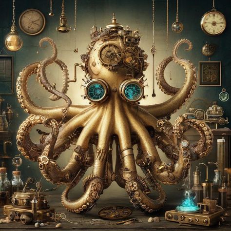 The steampunk octopus is an intriguing and captivating creation that combines the elements of science fiction, fantasy, and Victorian-era technology. ... -  #Octopus #SteamPunk Steampunk Octopus Art, Octopus Ornament, Bord Games, Steampunk Octopus, Beach Cocktails, Octopus Art, Steampunk Style, Creature Feature, Hyperrealism