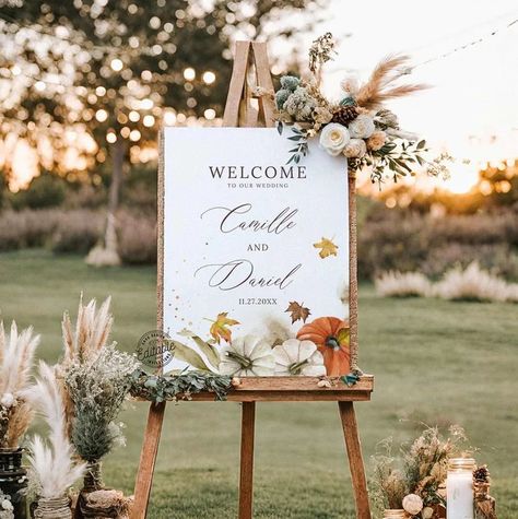 Pumpkin Floral Welcome Sign, White Pumpkin Sign, Rustic Wedding Sign, Fall Wedding Looks, Floral Welcome Sign, Autumn Wedding Ideas, Pumpkin Wedding, Welcome Wedding Sign, Late November, Boho Wedding Ideas, Rustic Wedding Signs, Wedding Themes Fall