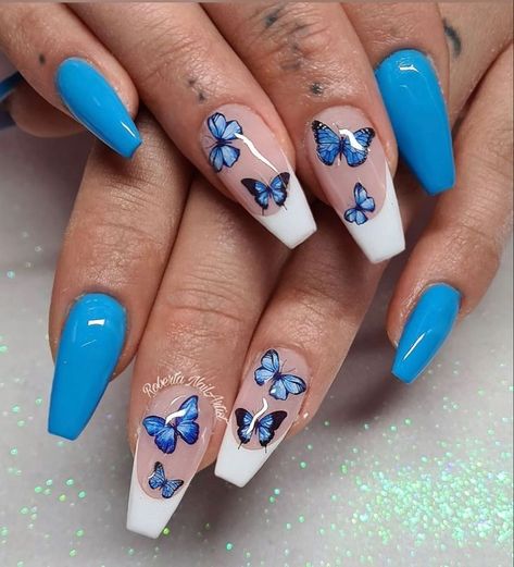 Butterflies Nails Short, Purple Nails With Butterfly Design, Butterfly Nail Inspiration, Cute Nails With Butterflies, Spring Nails With Butterflies, Blue Butterfly Nails Acrylics, Blue Butterfly Nail Designs, Buterfluffy Nails, Butterflies Nails Design