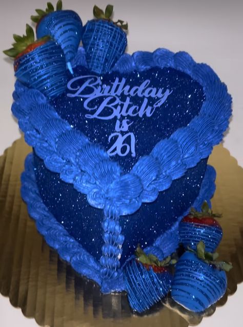 Royal Blue Heart Cake, Purple Birthday Food, Blue Heart Birthday Cake, Glittery Cakes Birthday, Blue 21st Birthday Cake, Blue Heart Shaped Cake, Blue Bday Party, 25th Birthday Cake Ideas For Her, Blue Birthday Cakes For Women