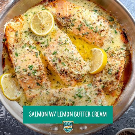 Salmon with Lemon Butter Cream - Camp Southern Ground Salmon With Lemon Butter Cream Sauce, Lemon Butter Cream Sauce, Quinoa Spinach Salad, Butter Cream Sauce, Baked Salmon Lemon, Lemon Butter Salmon, Salmon With Lemon, Keto Salmon, Sauce For Salmon