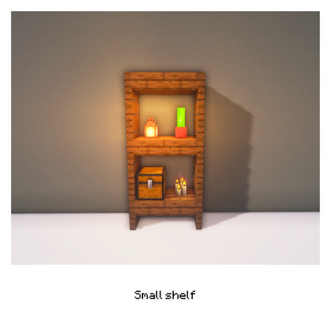 A small shelf to put small things in. #minecraft #smallshelf #shelf #creative #decorate #minecrafthouse Minecraft Small House Decorations, How To Decorate The Outside Of Your Minecraft House, Cute Minecraft Cottage Small Interior, Shelfs In Minecraft, Small Decor Minecraft, Minecraft Small Storage Room Ideas, Shelf In Minecraft, Minecraft Wall Shelf Ideas, Minecraft Stool Ideas