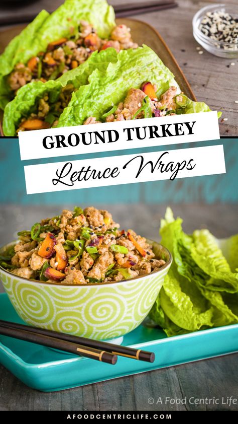 Ground turkey lettuce wraps (or lettuce cups ) feature ground turkey with ginger and garlic for appetizing game-day eats or an easy weeknight dinner that is serve-yourself. Chopped snow peas and carrots add vegetables, crunch and color. Spoon filling into crisp Romaine leaves and enjoy with a spoonful of sauce drizzled over the top. Ground Turkey Wrap Recipes, Ground Turkey Recipes Lettuce Wraps, Salads Types, Ground Turkey Lettuce Cups, Ground Turkey Wraps, Pf Change Turkey Lettuce Wraps, Ground Turkey Wraps Lettuce Cups, Thai Ground Turkey Lettuce Wraps, Turkey And Green Beans