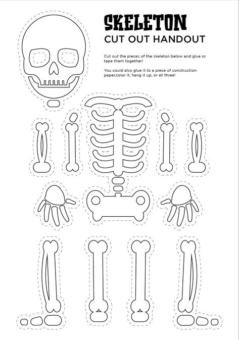 Halloween Skeleton Cut Out Handout Printable Skeleton Craft Kindergarten, Axial Skeleton Craft, Free Printable Skeleton Template, Skeleton Bones Printable, Halloween Print Out Decorations, Skeleton Bones Drawing, How To Make Skeleton Bones, Free Printable Skeleton Bones, Skeleton Coloring Pages Free Printable